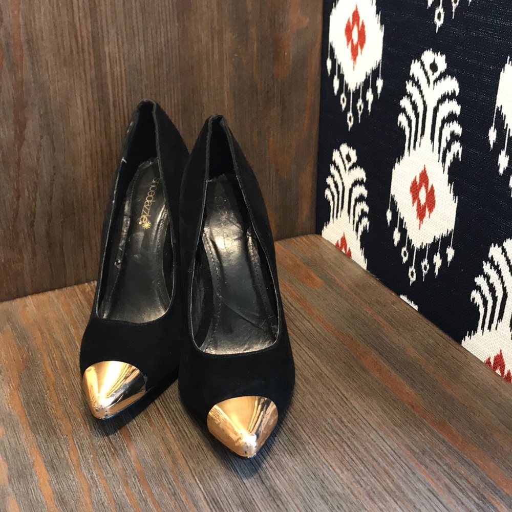 Black Suede Pointed Toe Heels with Gold Detail